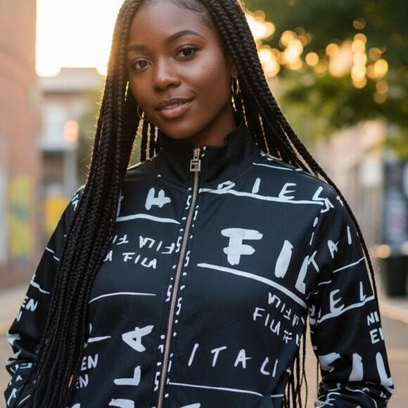 NWOT FILA Take it All-over Logo Bomber Track Jacket Black White Women Size SMALL - Picture 2 of 4